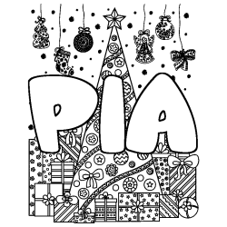 Coloriage pr&eacute;nom PIA - d&eacute;cor Sapin et Cadeaux