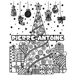 Coloriage prénom PIERRE-ANTOINE - décor Sapin et Cadeaux