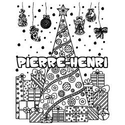 Coloriage pr&eacute;nom PIERRE-HENRI - d&eacute;cor Sapin et Cadeaux