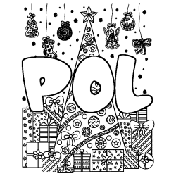 Coloriage pr&eacute;nom POL - d&eacute;cor Sapin et Cadeaux