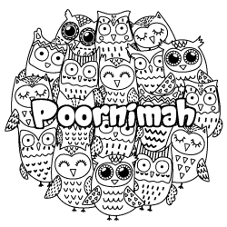 Coloriage pr&eacute;nom Poornimah - d&eacute;cor Chouettes