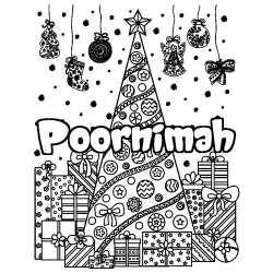 Coloriage pr&eacute;nom Poornimah - d&eacute;cor Sapin et Cadeaux