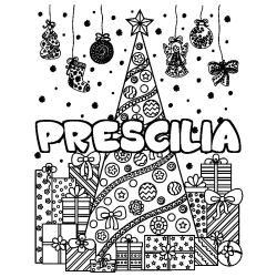 Coloriage prénom PRESCILIA - décor Sapin et Cadeaux
