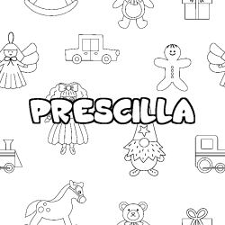 Coloriage prénom PRESCILLA - décor Jouets