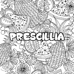 Coloriage prénom PRESCILLIA - décor Mandala fruits