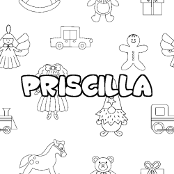 Coloriage pr&eacute;nom PRISCILLA - d&eacute;cor Jouets