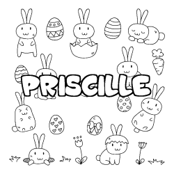 Coloriage pr&eacute;nom PRISCILLE - d&eacute;cor Paques