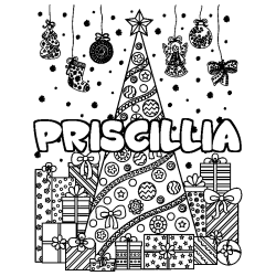 Coloriage prénom PRISCILLIA - décor Sapin et Cadeaux