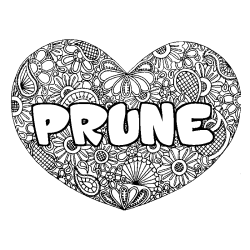 Coloriage pr&eacute;nom PRUNE - d&eacute;cor Mandala coeur