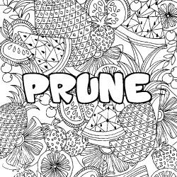 Coloriage prénom PRUNE - décor Mandala fruits