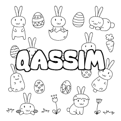 Coloriage prénom QASSIM - décor Paques