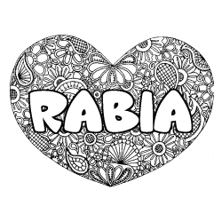 Coloriage prénom RABIA - décor Mandala coeur