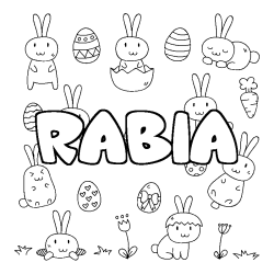 Coloriage prénom RABIA - décor Paques