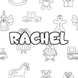 Coloriage prénom RACHEL - décor Jouets