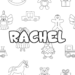 Coloriage pr&eacute;nom RACHEL - d&eacute;cor Jouets