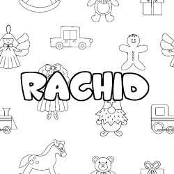 Coloriage prénom RACHID - décor Jouets