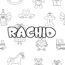 Coloriage pr&eacute;nom RACHID - d&eacute;cor Jouets