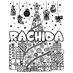 Coloriage prénom RACHIDA - décor Sapin et Cadeaux