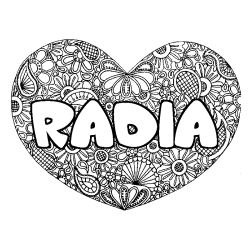 Coloriage prénom RADIA - décor Mandala coeur