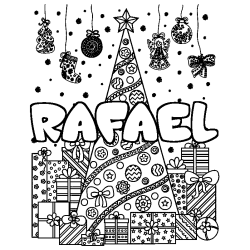 Coloriage pr&eacute;nom RAFAEL - d&eacute;cor Sapin et Cadeaux
