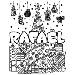 Coloriage prénom RAFAËL - décor Sapin et Cadeaux