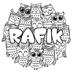 Coloriage pr&eacute;nom RAFIK - d&eacute;cor Chouettes