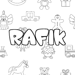 Coloriage prénom RAFIK - décor Jouets