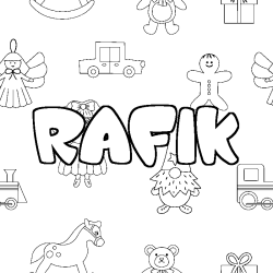 Coloriage pr&eacute;nom RAFIK - d&eacute;cor Jouets