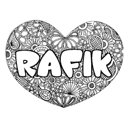 Coloriage pr&eacute;nom RAFIK - d&eacute;cor Mandala coeur