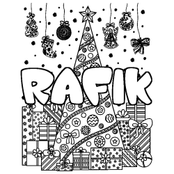 Coloriage prénom RAFIK - décor Sapin et Cadeaux