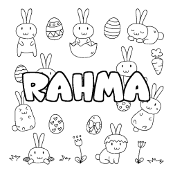 Coloriage prénom RAHMA - décor Paques