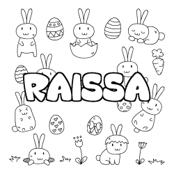 Coloriage prénom RAISSA - décor Paques
