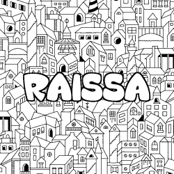 Coloriage pr&eacute;nom RAISSA - d&eacute;cor Ville