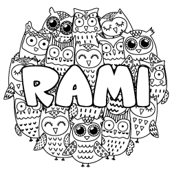 Coloriage pr&eacute;nom RAMI - d&eacute;cor Chouettes
