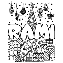 Coloriage prénom RAMI - décor Sapin et Cadeaux