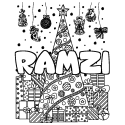 Coloriage prénom RAMZI - décor Sapin et Cadeaux