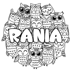 Coloriage prénom RANIA - décor Chouettes