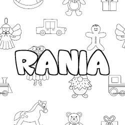 Coloriage prénom RANIA - décor Jouets
