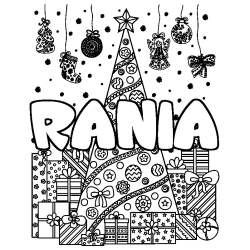 Coloriage pr&eacute;nom RANIA - d&eacute;cor Sapin et Cadeaux
