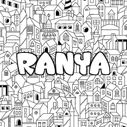 Coloriage pr&eacute;nom RANYA - d&eacute;cor Ville
