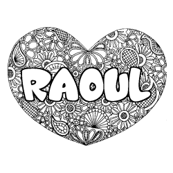Coloriage pr&eacute;nom RAOUL - d&eacute;cor Mandala coeur