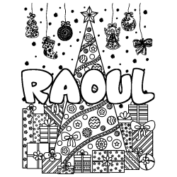 Coloriage pr&eacute;nom RAOUL - d&eacute;cor Sapin et Cadeaux