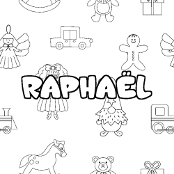 Coloriage pr&eacute;nom RAPHA&Euml;L - d&eacute;cor Jouets