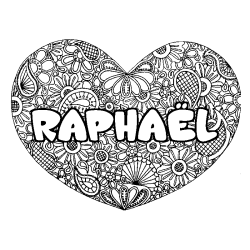 Coloriage prénom RAPHAËL - décor Mandala coeur