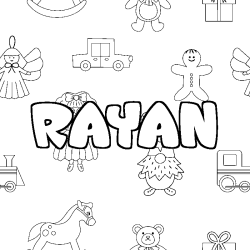 Coloriage pr&eacute;nom RAYAN - d&eacute;cor Jouets