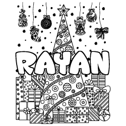 Coloriage pr&eacute;nom RAYAN - d&eacute;cor Sapin et Cadeaux