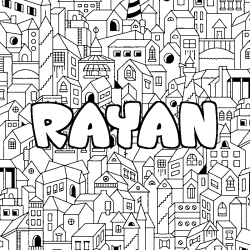 Coloriage prénom RAYAN - décor Ville