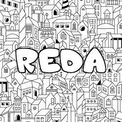 Coloriage pr&eacute;nom REDA - d&eacute;cor Ville