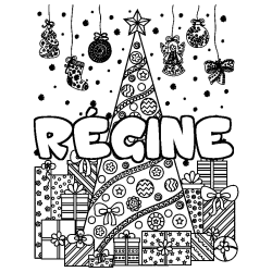 Coloriage pr&eacute;nom R&Eacute;GINE - d&eacute;cor Sapin et Cadeaux