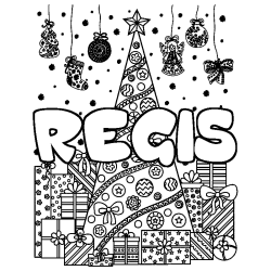 Coloriage pr&eacute;nom REGIS - d&eacute;cor Sapin et Cadeaux